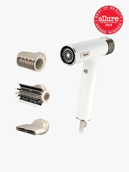 shark speedstyle blow dryer in white and gray color way with three different attachments on light gray background with red and white 2024 allure best of beauty seal