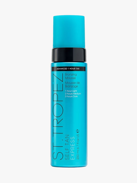 St. Tropez Self Tan Express Bronzing Mousse in branded component on a light gray background
