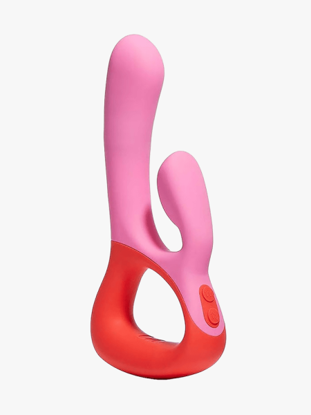 Unbound Clutch in pink and red variant on a light gray background