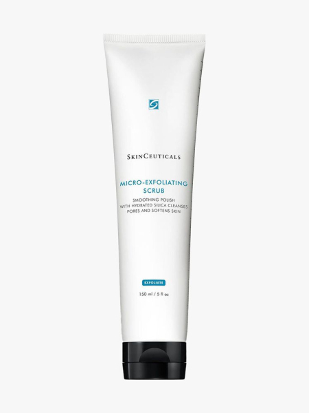 SkinCeuticals Micro-Exfoliating Scrub white tube with black cap on light gray background